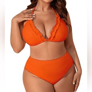 BEAUDRM Plus Size 3 Piece Bikini Swimsuit Women’s Size 0XL Orange Textured Sexy